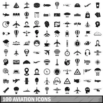 100 aviation icons set, simple style Stock Illustration