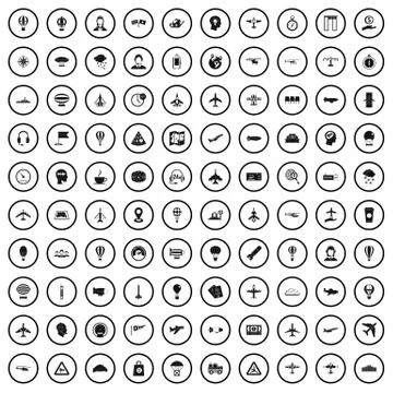 100 aviation icons set, simple style Stock Illustration