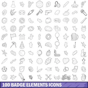 100 badge elements icons set, outline style Stock Illustration