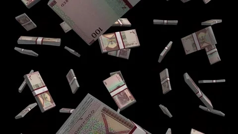 100 Baisa Oman Falling Animation Stacks Of Money on Black Screen Stock Footage 302842551