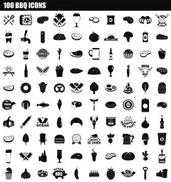 100 bbq icon set, simple style Stock Illustration