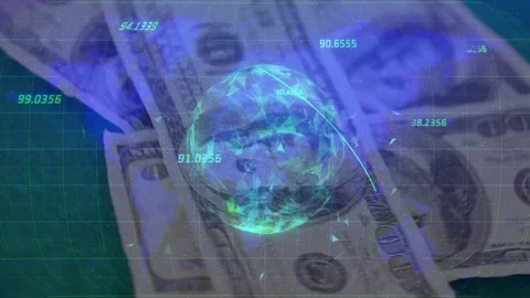 $100 bill sliding from topleft causing hologram centering over shifting stack Stock Footage 329928656