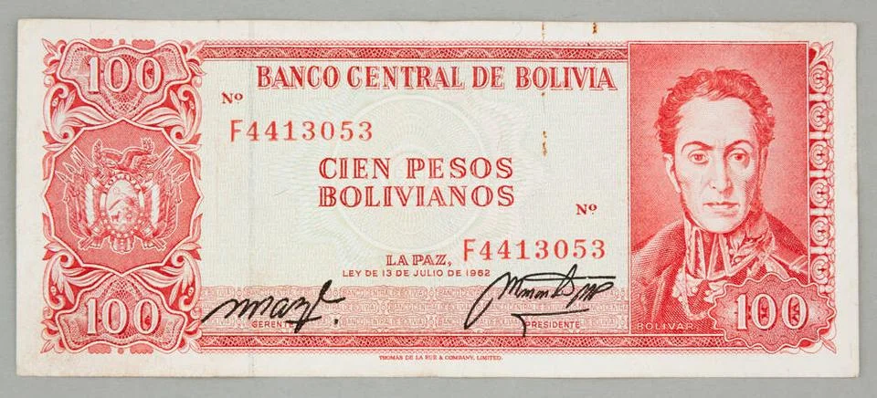 100 Bolivian pesos Banknote; Bolivia, February 13, 1962 Thomas de la Rue &... Stock Photos