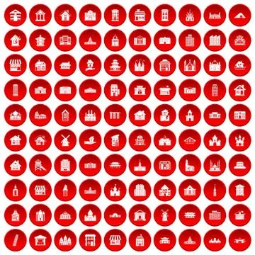 100 building icons set red Ilustración de archivo