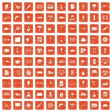 100 building materials icons set grunge orange Ilustración de archivo