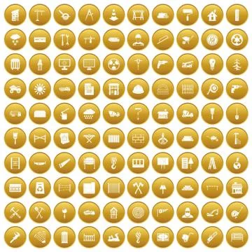 100 building materials icons set gold Ilustración de archivo