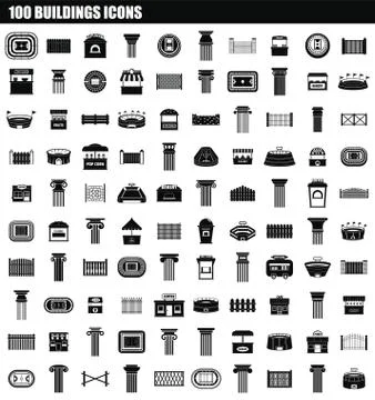 100 buildings icon set, simple style Stock Illustration