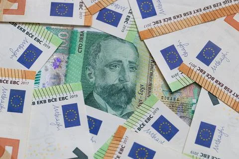 100 Bulgarian Lev Note Surrounded by 50 Euro Banknotes Stock Photos