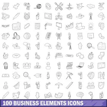 100 business elements icons set, outline style 스톡 일러스트