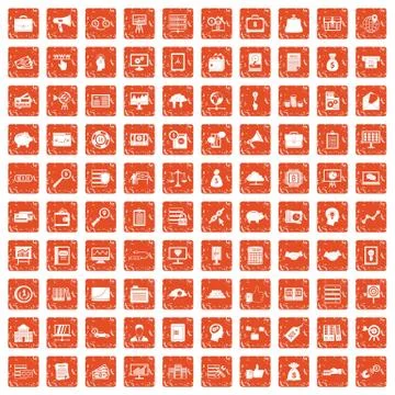 100 business process icons set grunge orange Stock Illustration