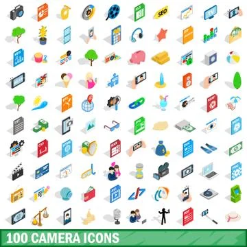 100 camera icons set, isometric 3d style Stock Illustration