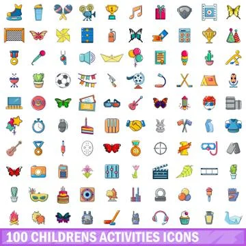 100 childrens activities icons set, cartoon style Stock Illustration