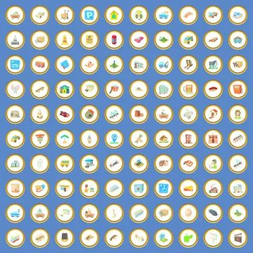 100 city elements icons set cartoon vector Stock Illustration