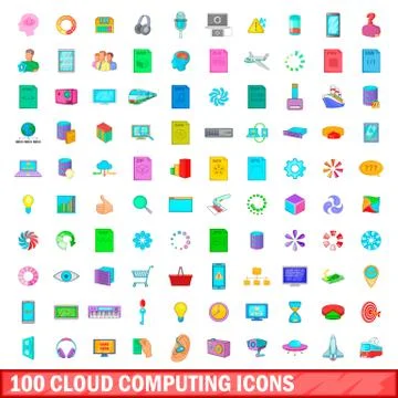 100 cloud computing icons set, cartoon style Stock Illustration