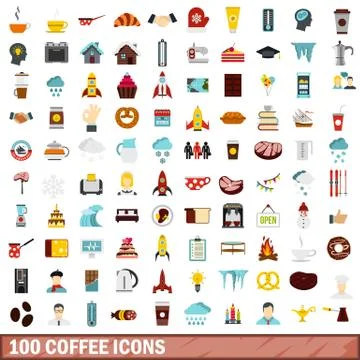 100 coffee icons set, flat style Illustrazione stock