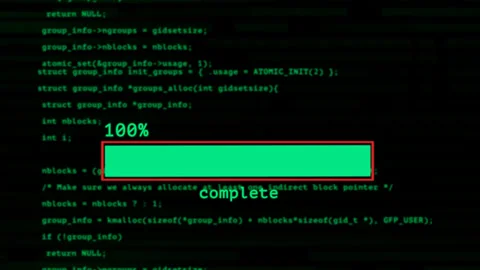 100% Complete Progress Bar Displayed computer hacker typing on black screen Stock Footage 344051009