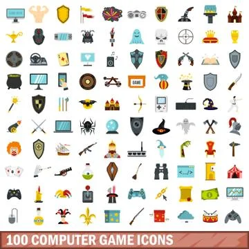 100 computer game icons set, flat style Stock Illustration