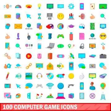 100 computer game icons set, cartoon style Stock Illustration