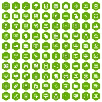 100 computer icons hexagon green Stock Illustration