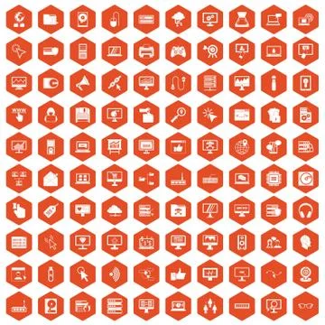 100 computer icons hexagon orange 스톡 일러스트
