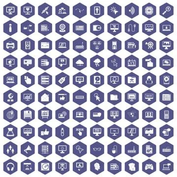 100 computer icons hexagon purple 스톡 일러스트