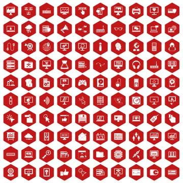 100 computer icons hexagon red Stock Illustration