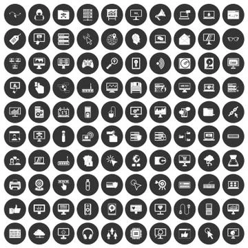 100 computer icons set black circle Stock Illustration