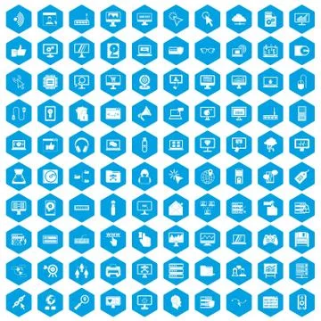 100 computer icons set blue Stock Illustration
