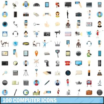 100 computer icons set, cartoon style 스톡 일러스트