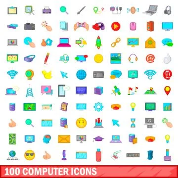 100 computer icons set, cartoon style Stock Illustration