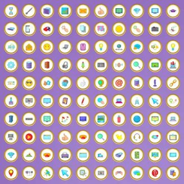 100 computer icons set in cartoon style 스톡 일러스트