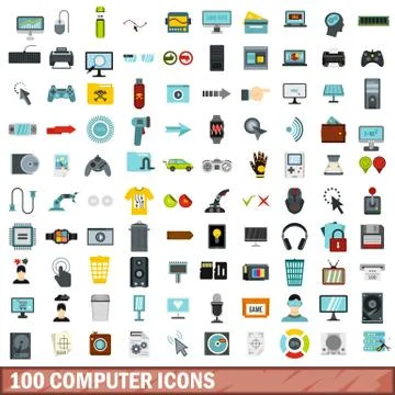 100 computer icons set, flat style Illustrazione stock
