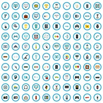 100 computer icons set, flat style Stock Illustration