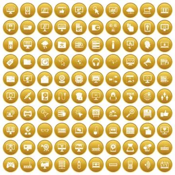 100 computer icons set gold 스톡 일러스트