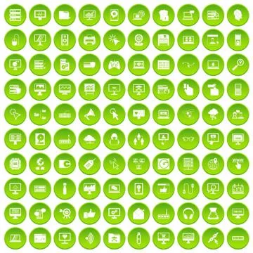 100 computer icons set green circle Stock Illustration