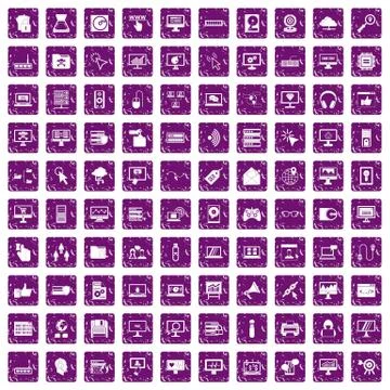 100 computer icons set grunge purple Stock Illustration