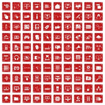 100 computer icons set grunge red Stock Illustration