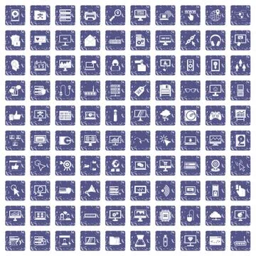 100 computer icons set grunge sapphire Stock Illustration