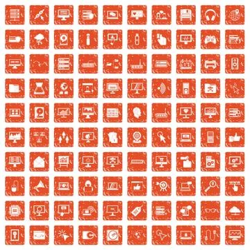 100 computer icons set grunge orange イラスト素材