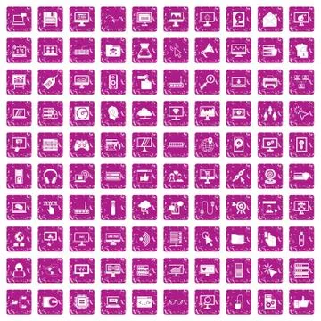 100 computer icons set grunge pink イラスト素材