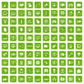 100 computer icons set grunge green Stock Illustration
