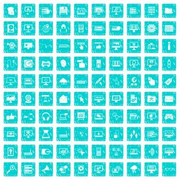 100 computer icons set grunge blue Stock Illustration