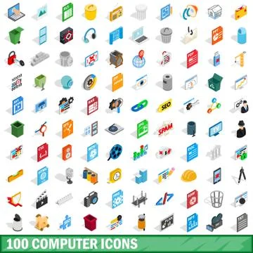 100 computer icons set, isometric 3d style Illustrazione stock