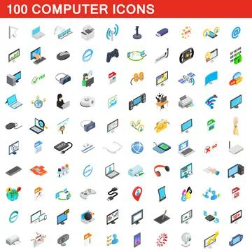 100 computer icons set, isometric 3d style Illustrazione stock