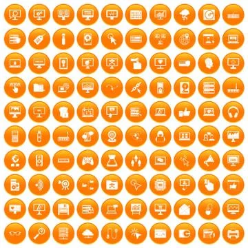 100 computer icons set orange Stock Illustration