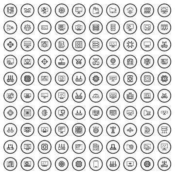 100 computer icons set, outline style 스톡 일러스트