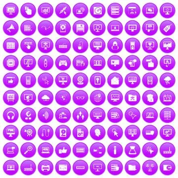 100 computer icons set purple Stock Illustration
