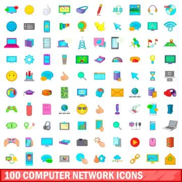 100 computer network icons set, cartoon style Illustrazione stock