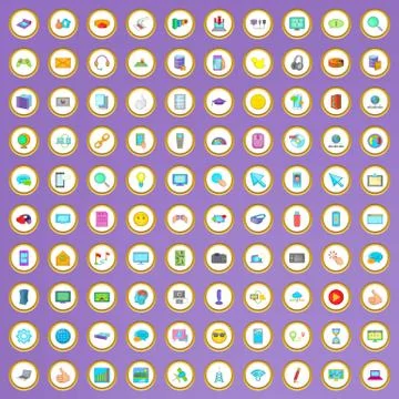 100 computer network icons set in cartoon style Illustrazione stock