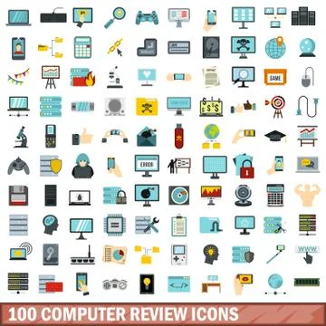100 computer review icons set, flat style Stock Illustration